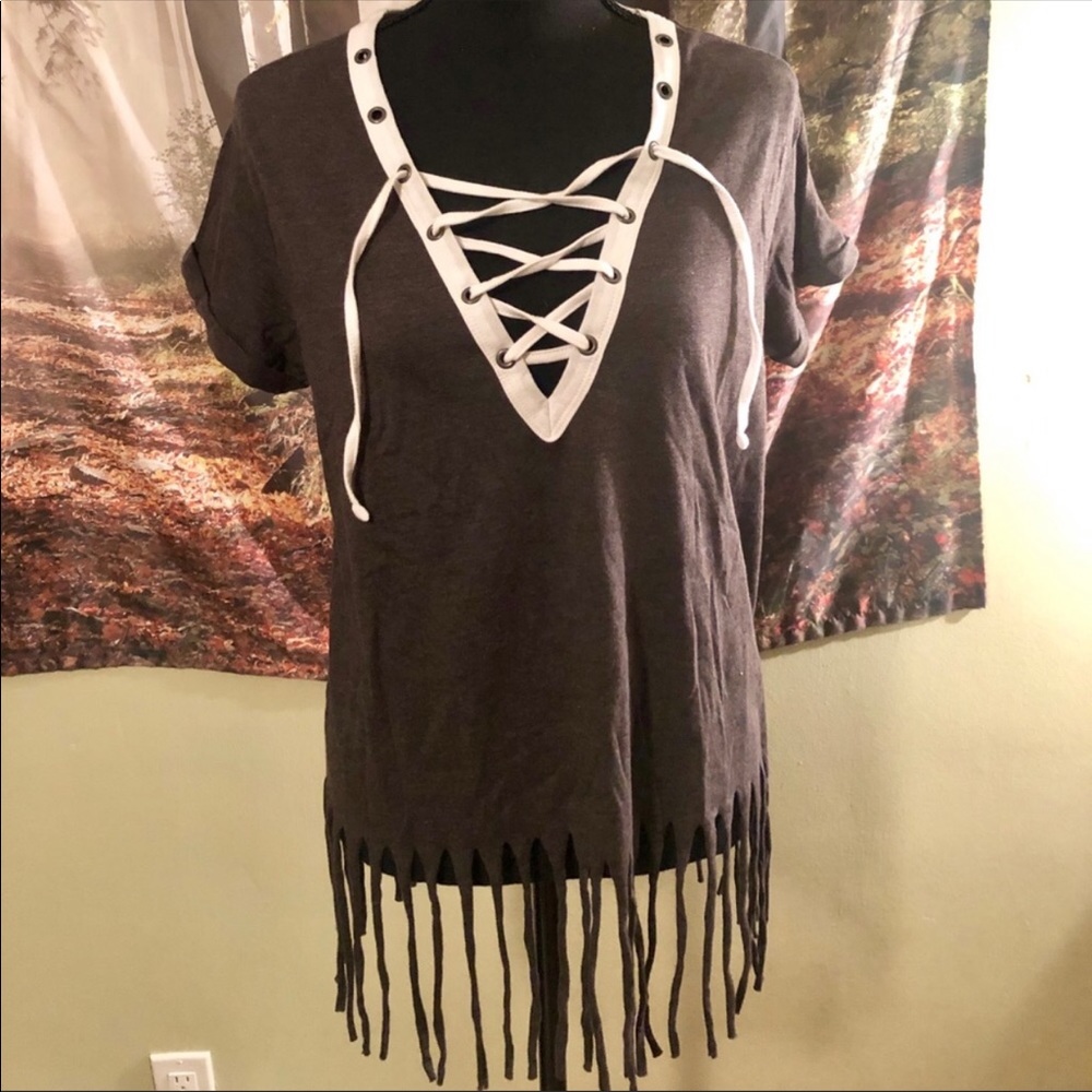Charcoal grey lace up tee shirt with fringe
